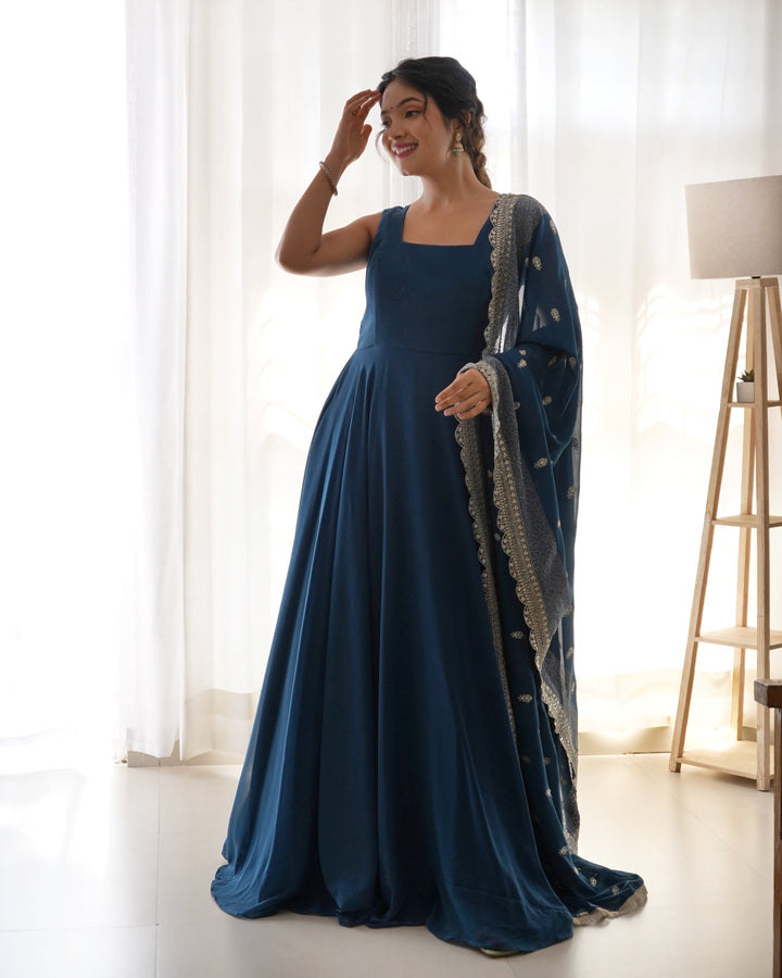 Rama Color Anarkali Gown With Heavy Embroidered Dupatta  - By Qivii