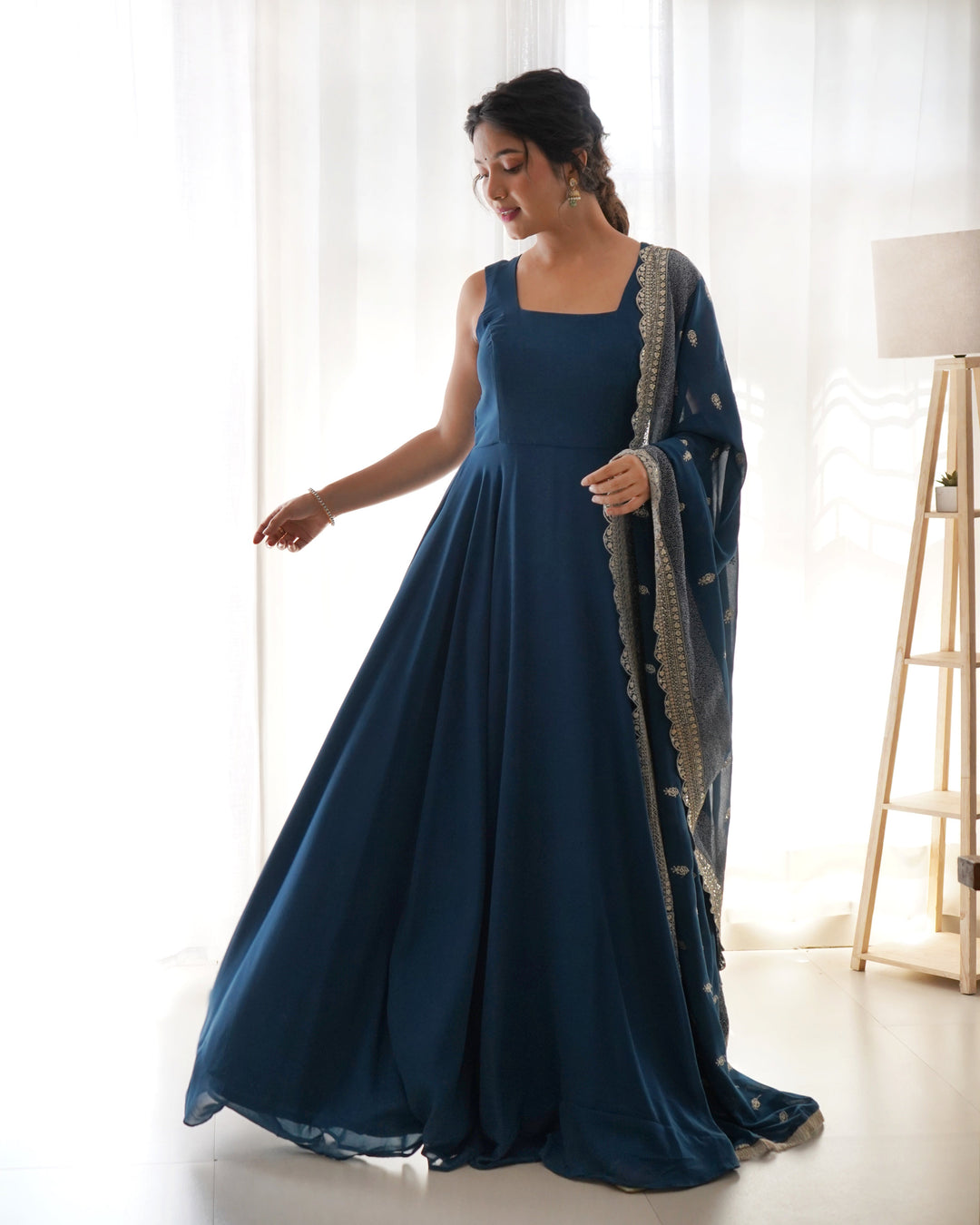 Rama Color Anarkali Gown With Heavy Embroidered Dupatta  - By Qivii