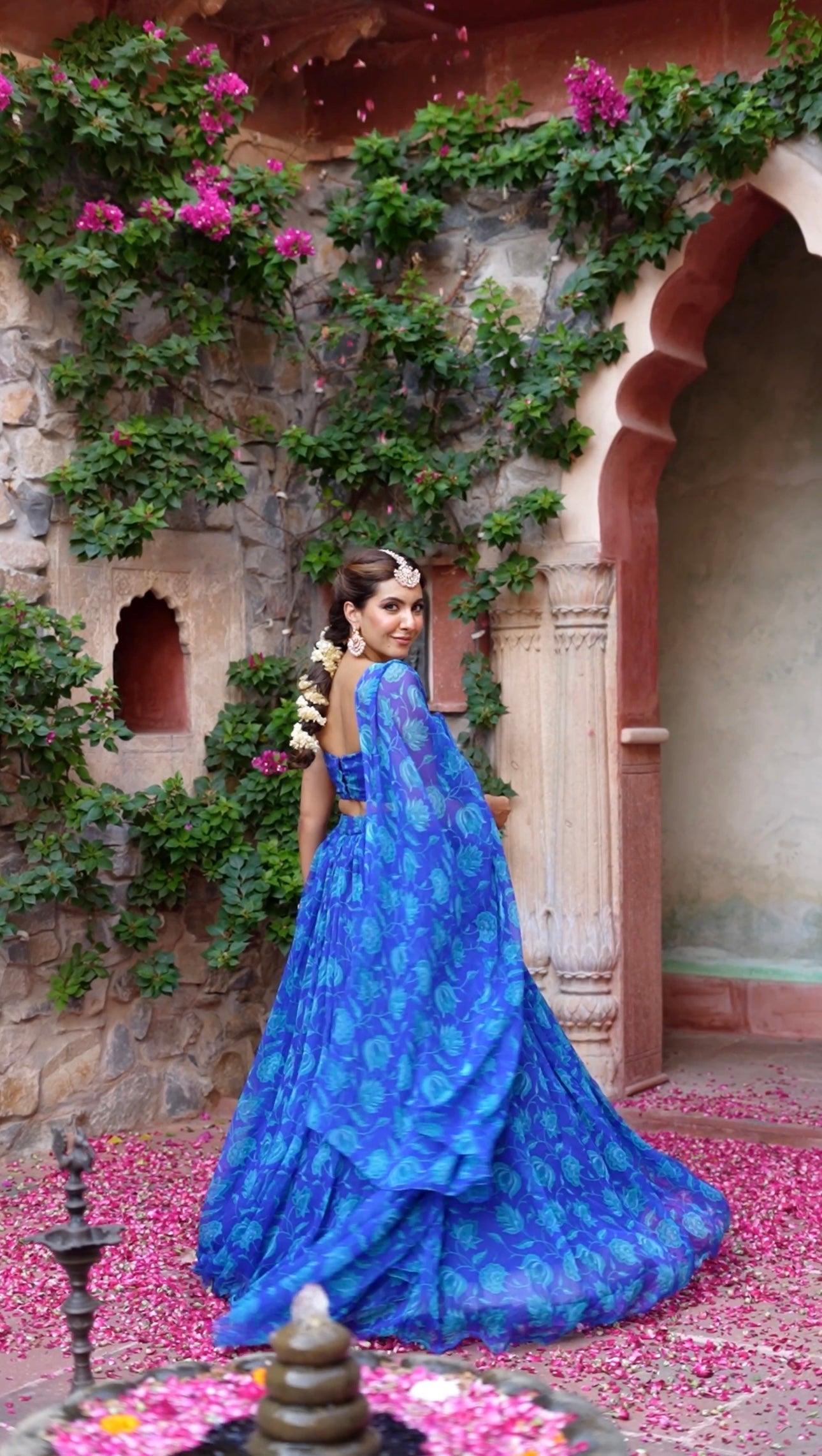 Lapis Blue Floral Printed Chiffon Lehenga Set  - By Ragavi - qivii
