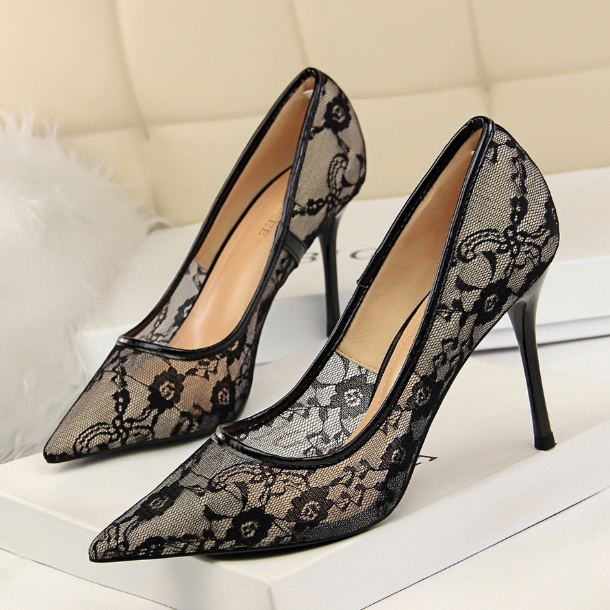 Women’s Valeria Lace Mesh Stiletto Pumps – Pointed-Toe Hollow Elegant Heels (US 3.5–10.5)