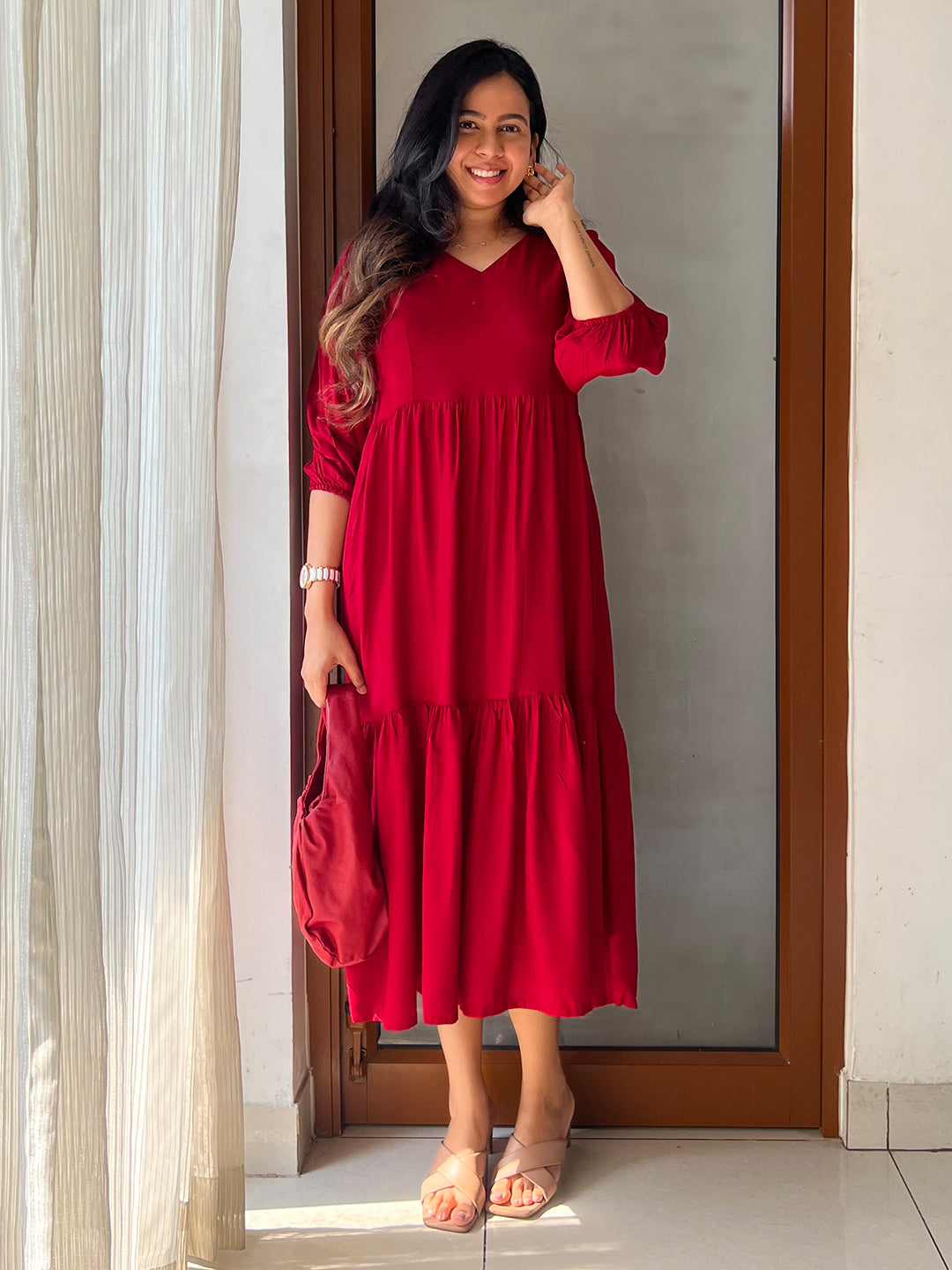 Red Rayon Solid Tiered Dress - qivii