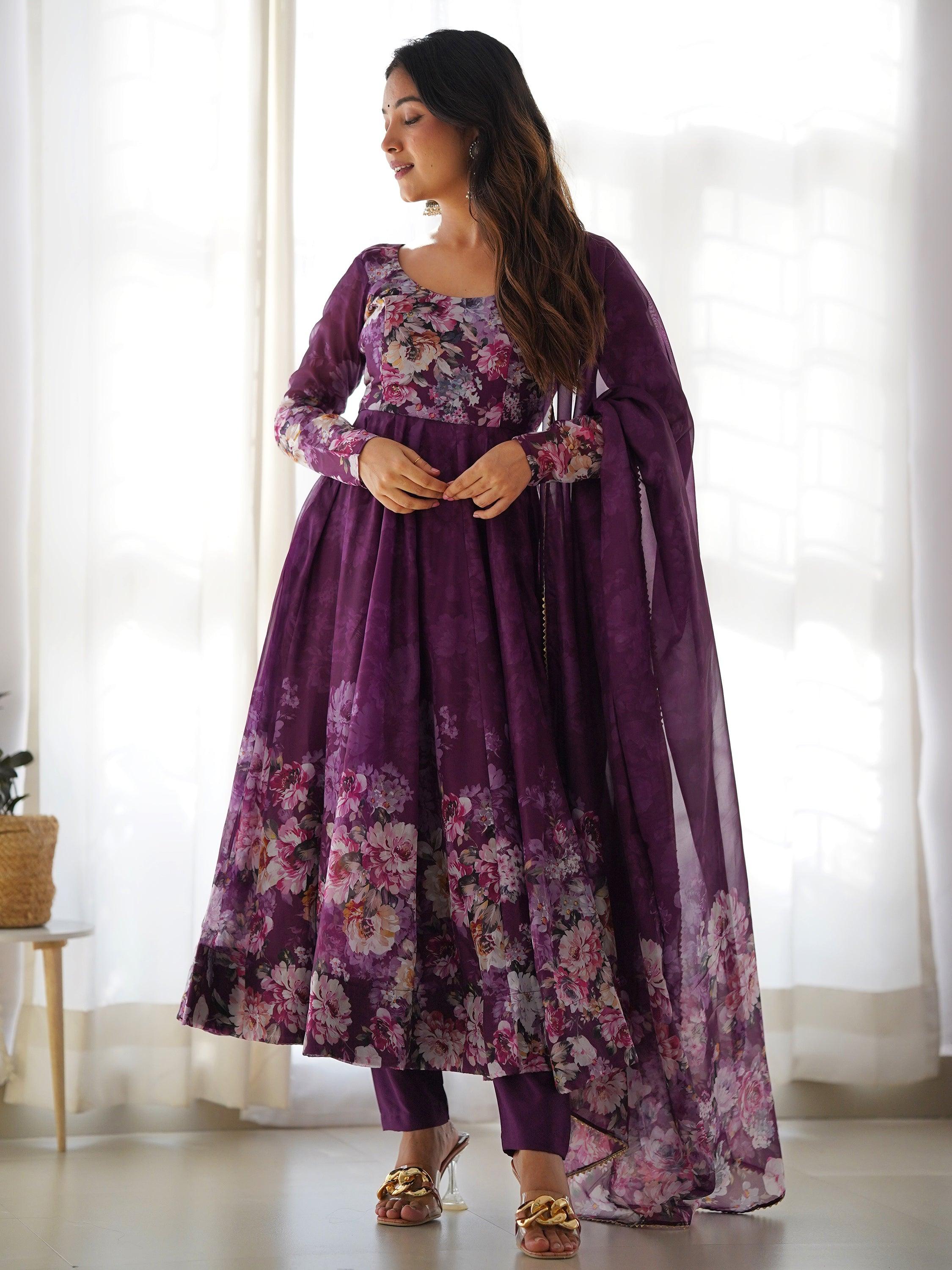 Beautiful purple organza Anarkali suit with floral print for special occasions