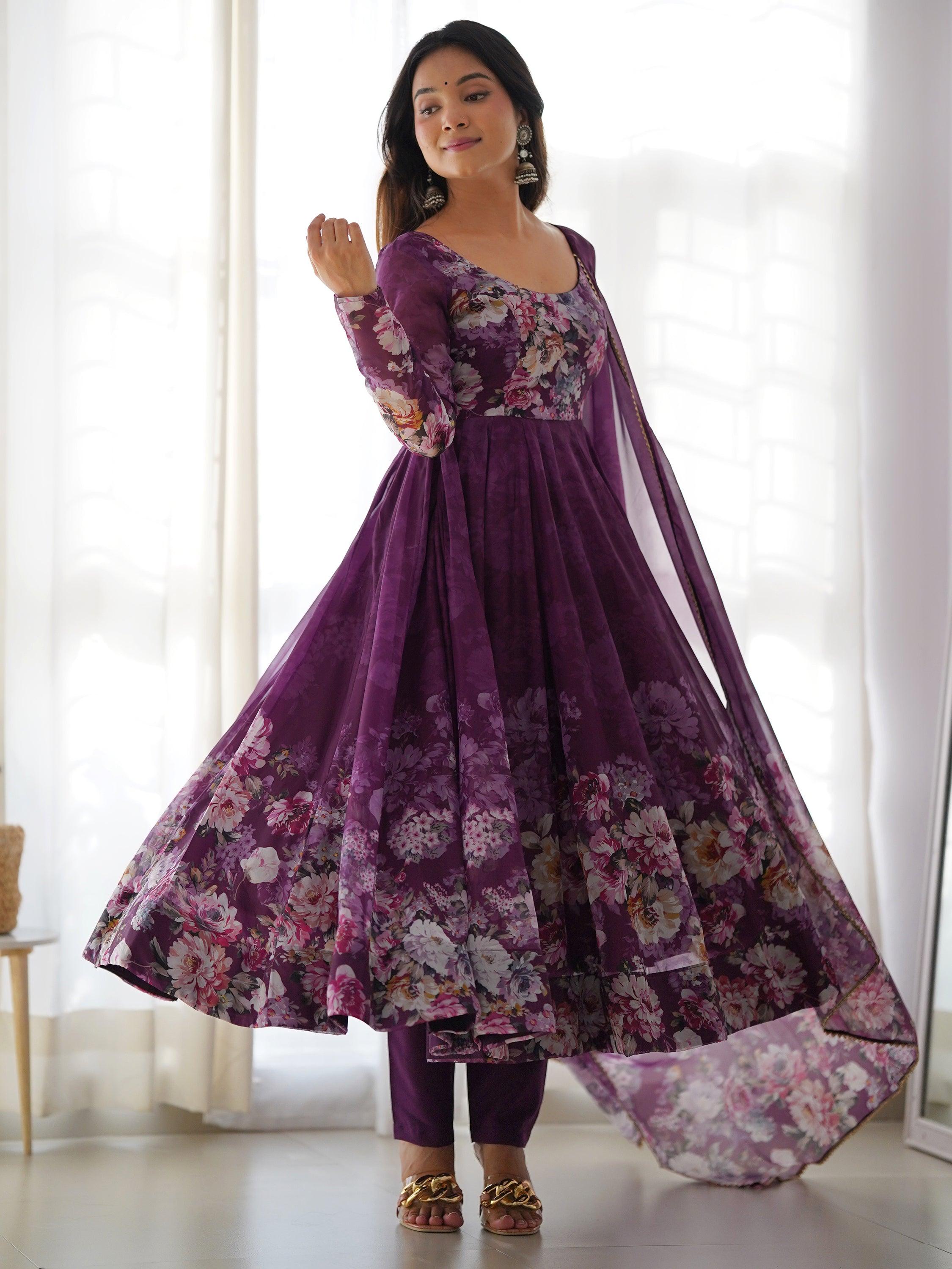 Attractive purple floral printed organza event wear anarkali suit with intricate detailing