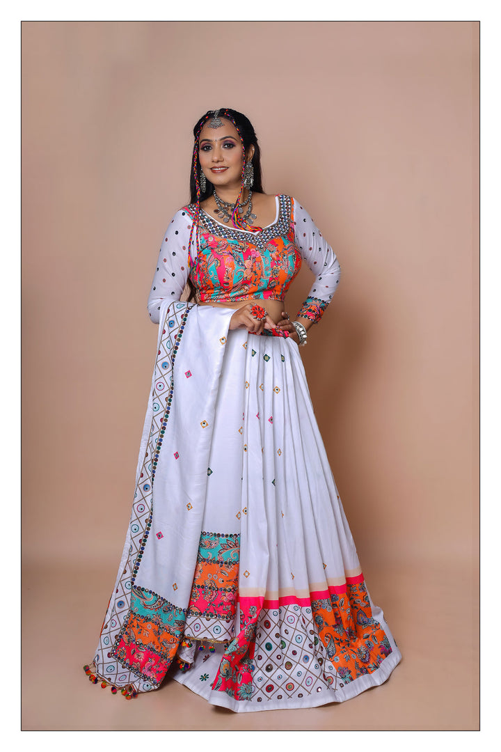 White Color Muslin Cotton With Digital Print Real Mirror Navratri Special Lehenga Choli Set