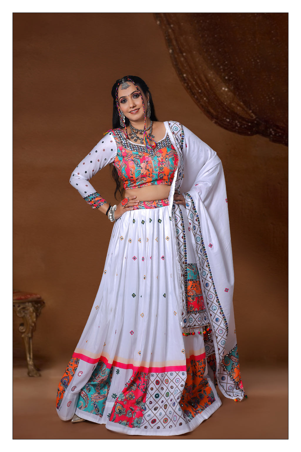 White Color Muslin Cotton With Digital Print Real Mirror Navratri Special Lehenga Choli Set