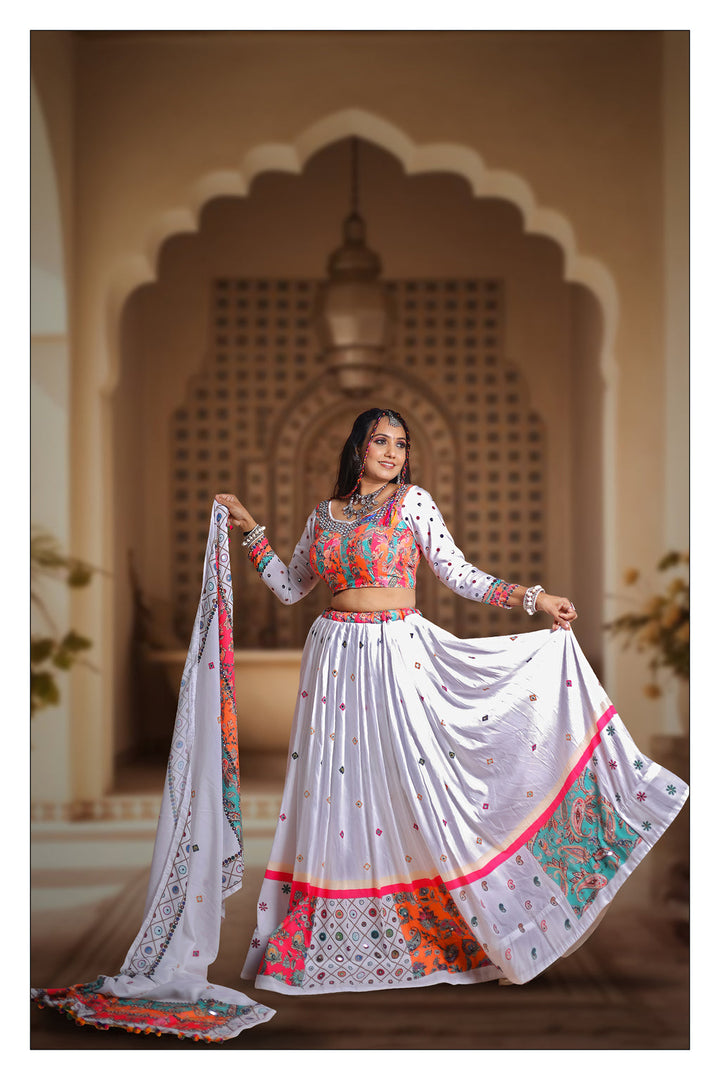 White Color Muslin Cotton With Digital Print Real Mirror Navratri Special Lehenga Choli Set