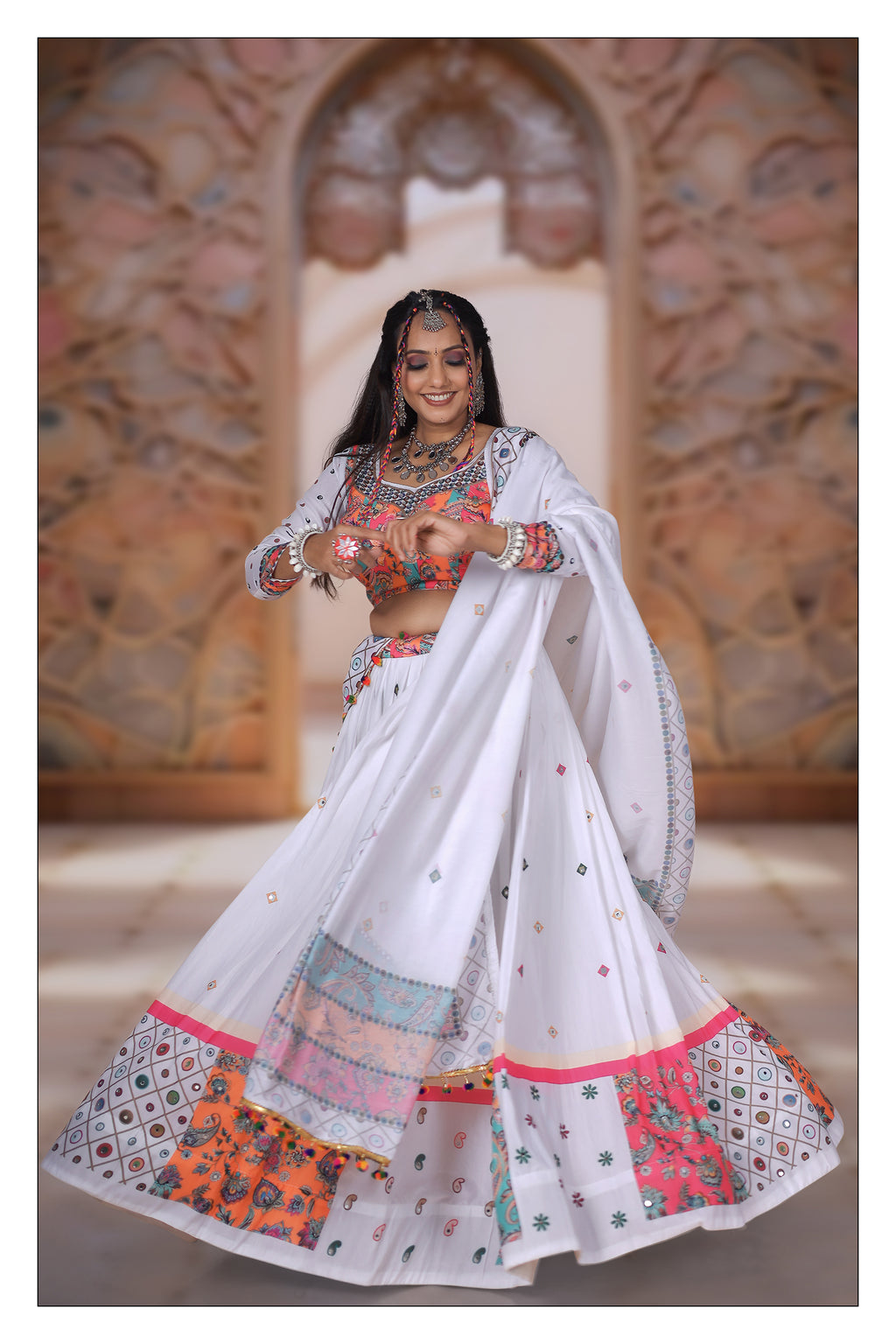 White Color Muslin Cotton With Digital Print Real Mirror Navratri Special Lehenga Choli Set