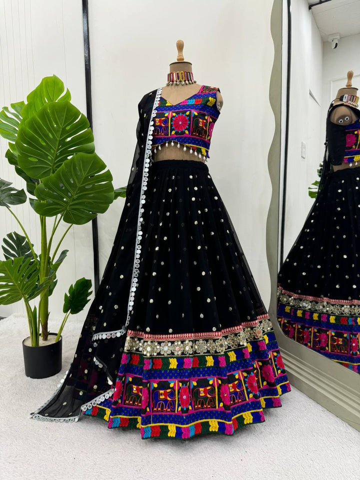 Black Foux gorgett Sequnce with Chainstich work with Real mirror Lehengha