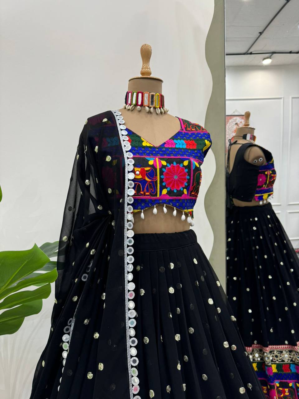 Black Foux gorgett Sequnce with Chainstich work with Real mirror Lehengha