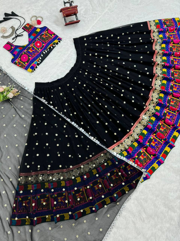 Black Foux gorgett Sequnce with Chainstich work with Real mirror Lehengha