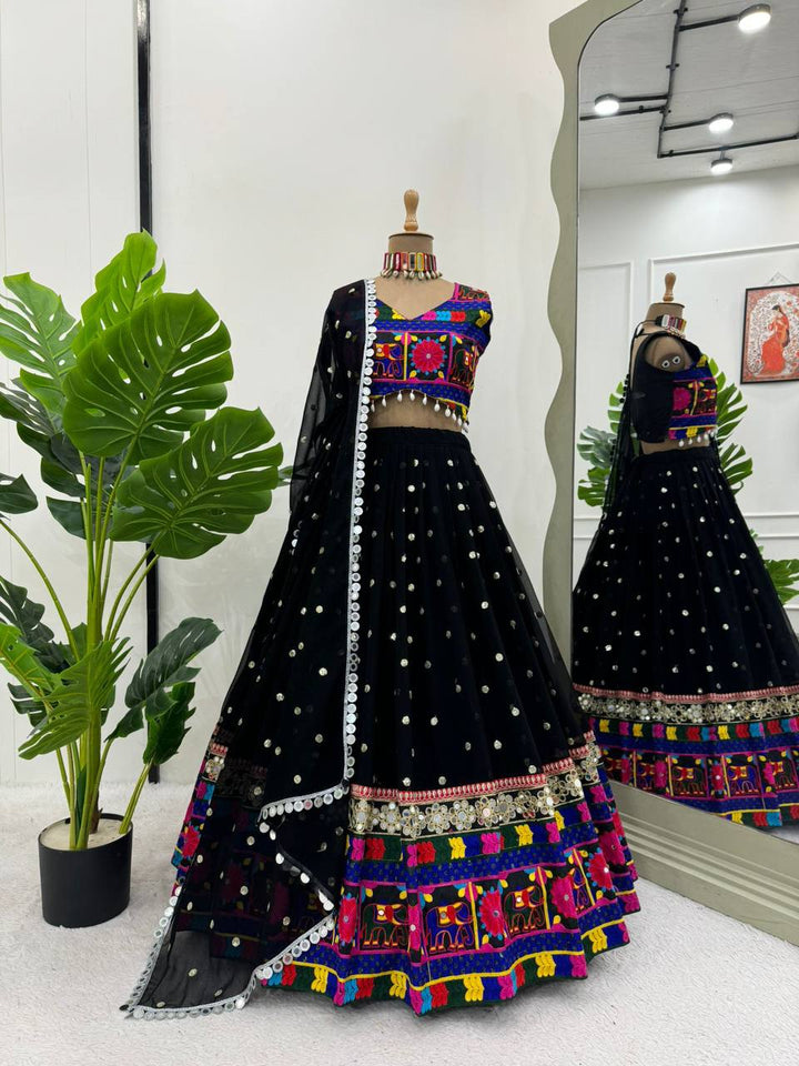 Black Foux gorgett Sequnce with Chainstich work with Real mirror Lehengha