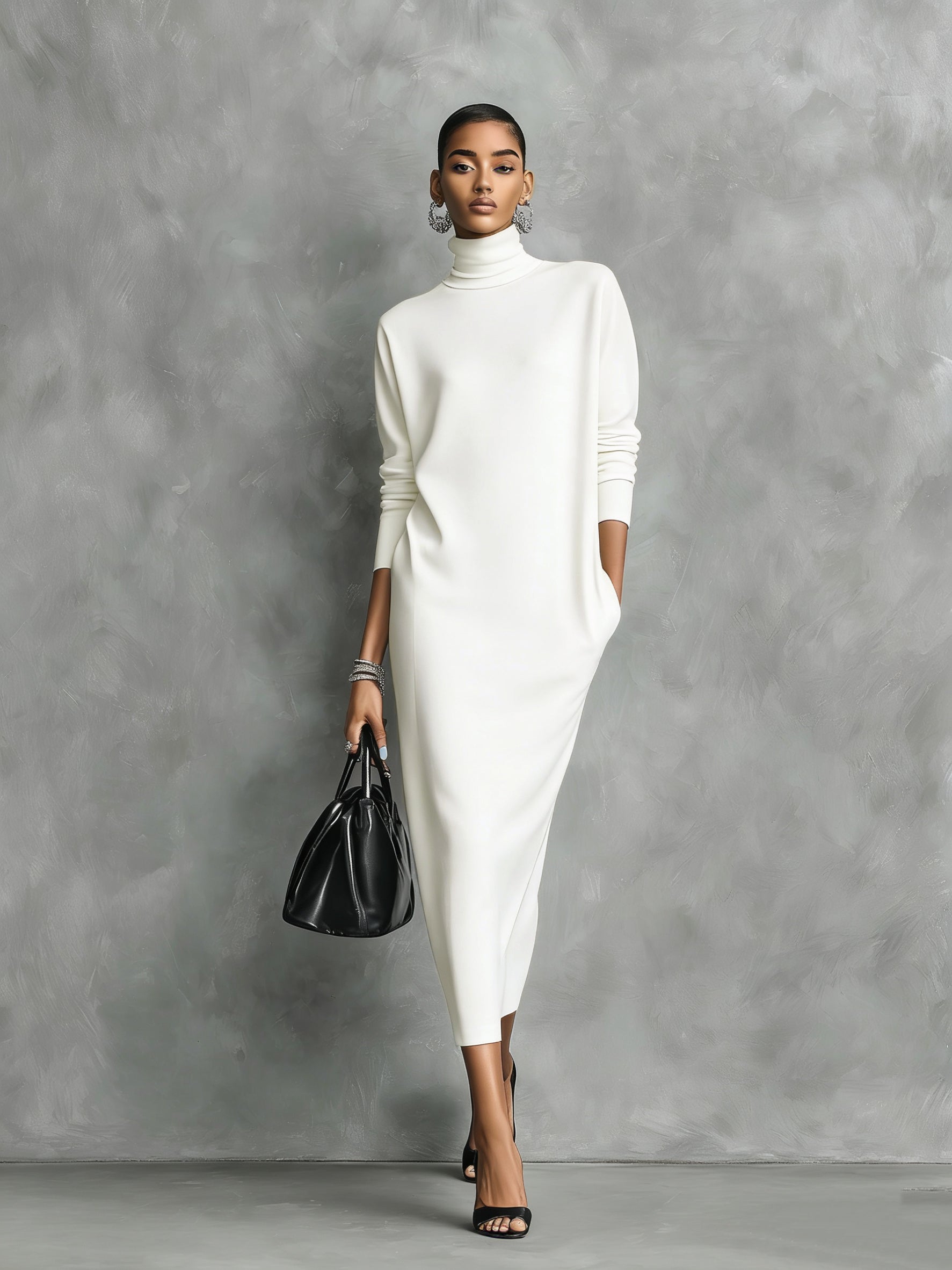 Women's Elegant Black Knitted Turtleneck Long-sleeved Loose-fitting Midi Dress With No Pockets MDA1974L7AN