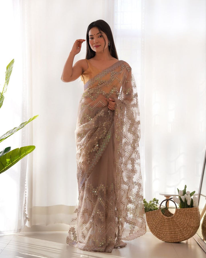 Beautiful ivory-colored saree with heavy butterfly net and intricate embroidered work