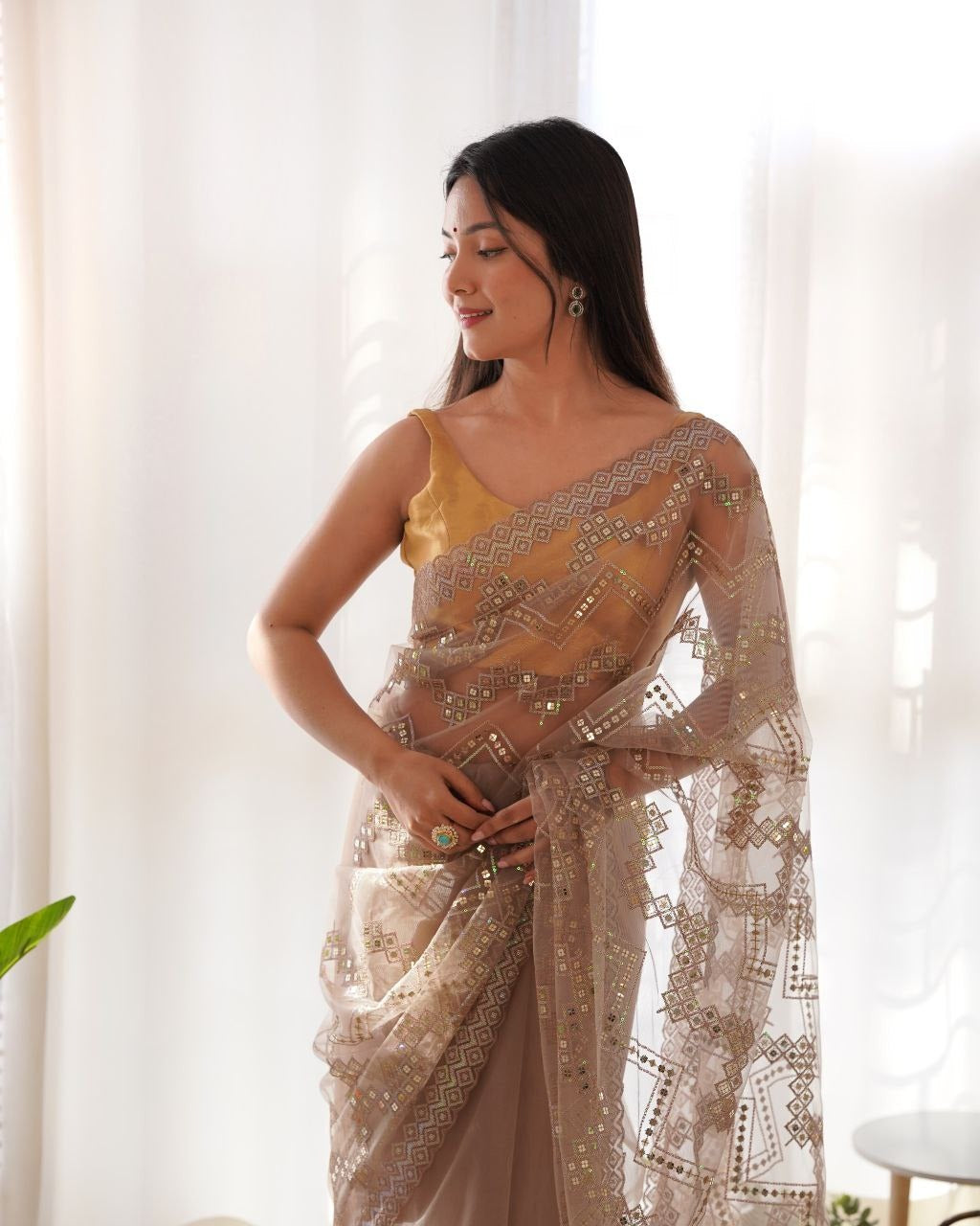 Heavy Butterfly Net Saree in Ivory Color with Intricate Embroidered Work