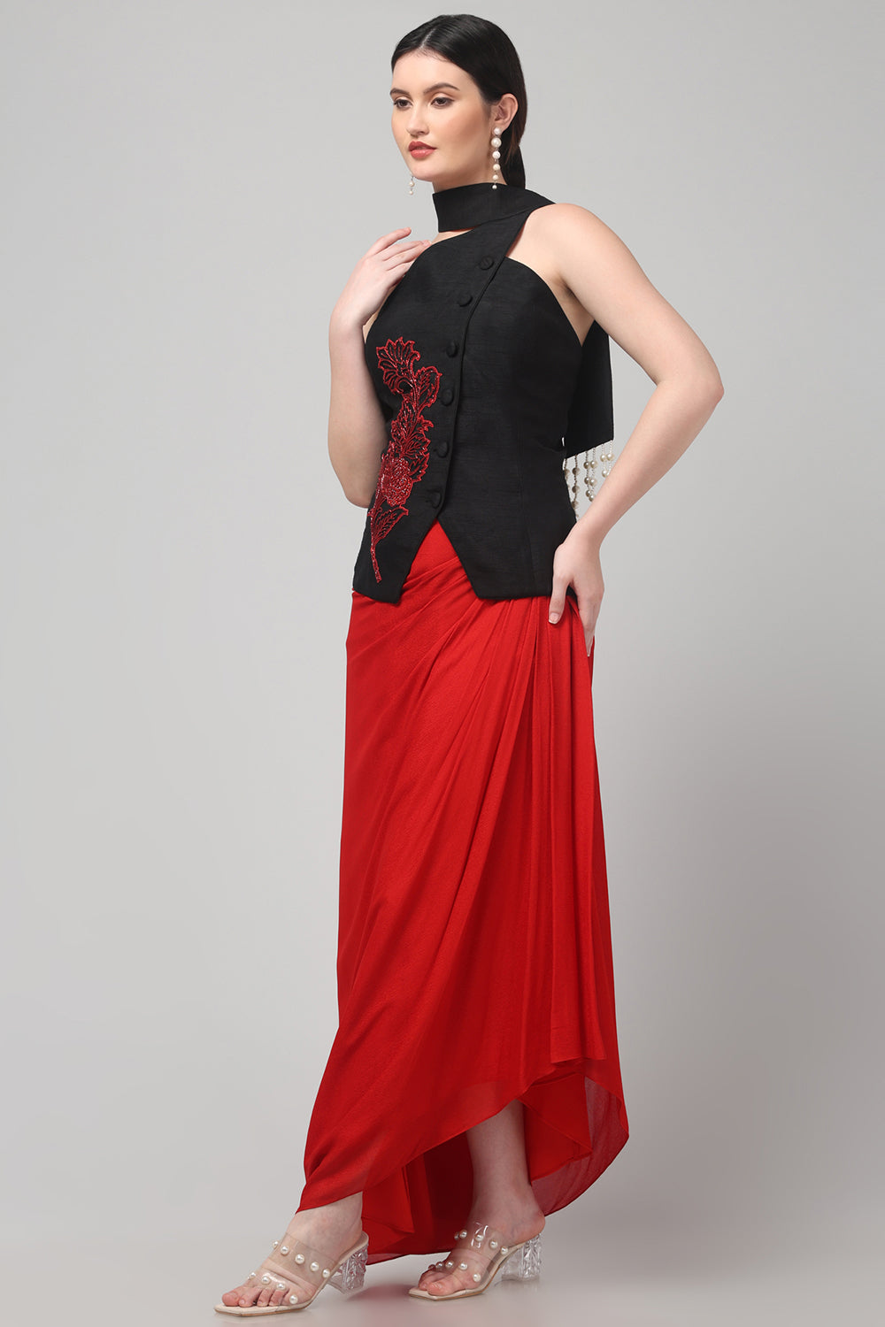 Black Embroidered Asymmetric Top with Draped Red Skirt