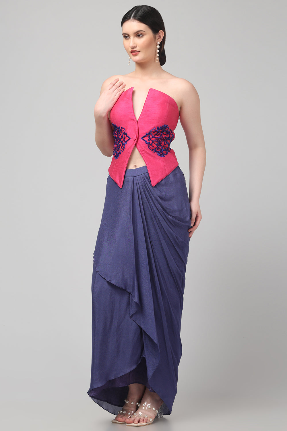Pink Embroidered Asymmetric Top with Draped Royal Purple Skirt