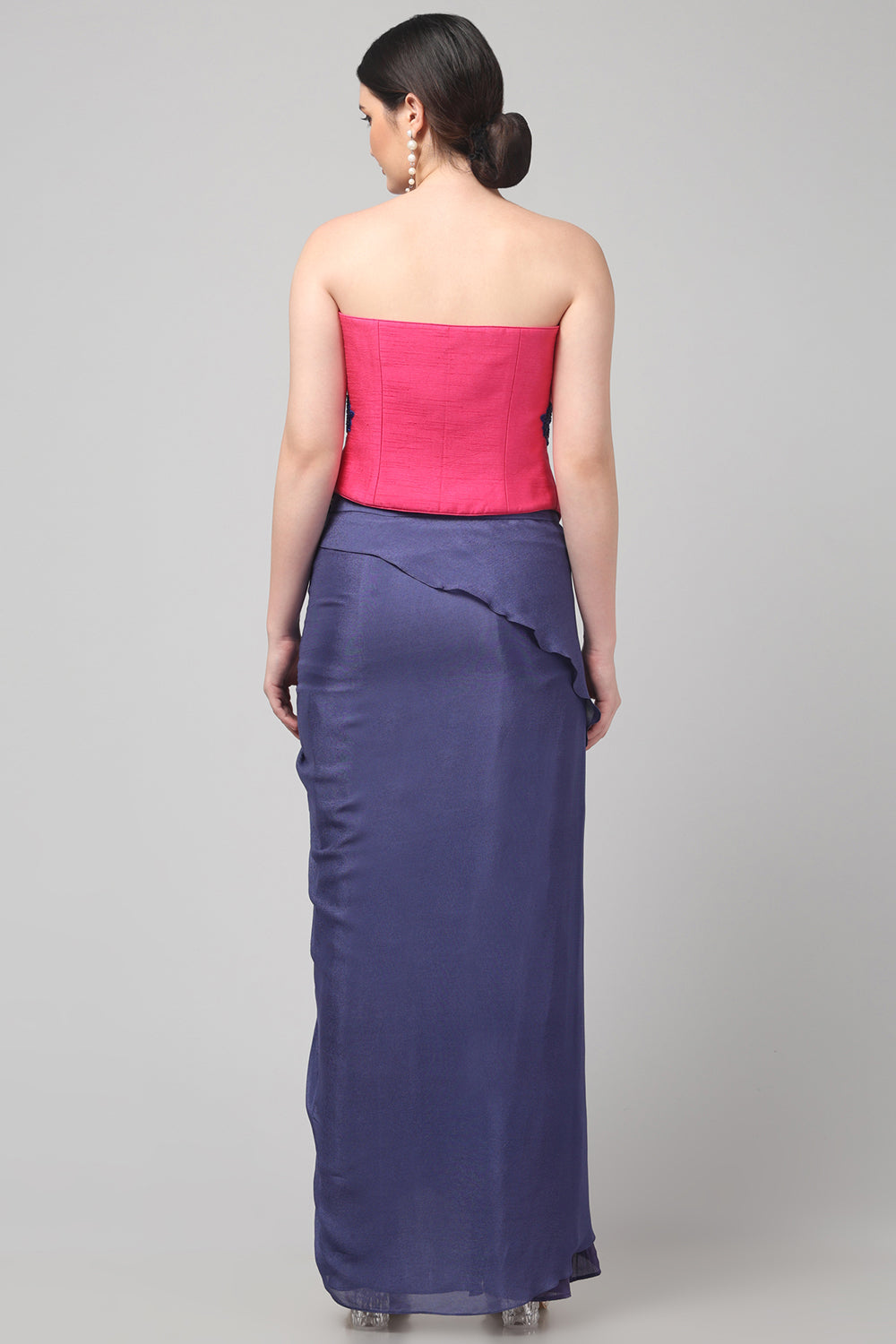 Pink Embroidered Asymmetric Top with Draped Royal Purple Skirt