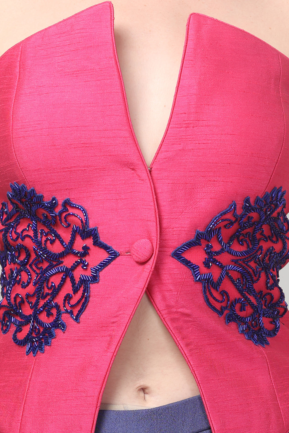 Pink Embroidered Asymmetric Top with Draped Royal Purple Skirt