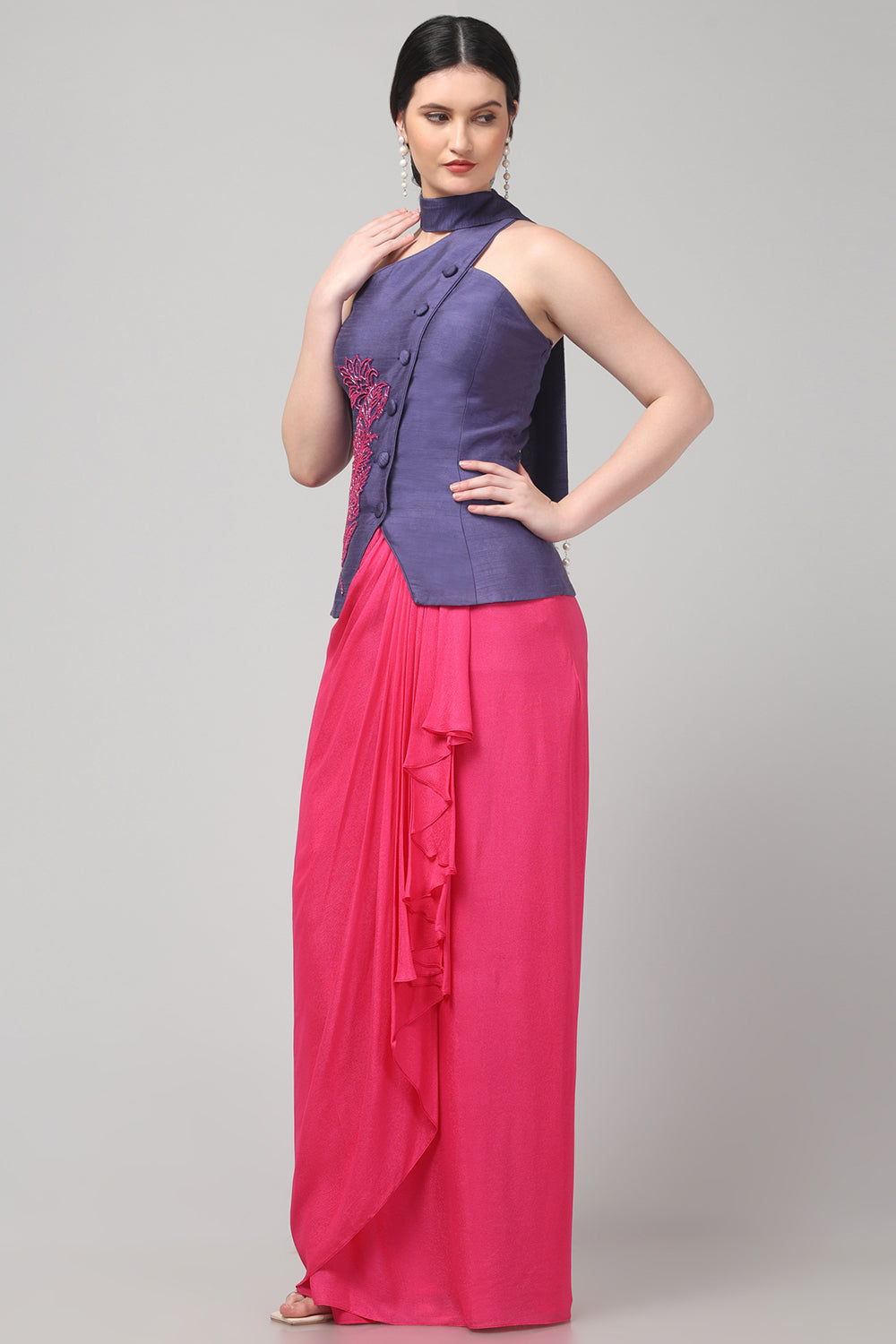 Royal Purple Embroidered Asymmetric Top with Draped Fuscia Pink Skirt