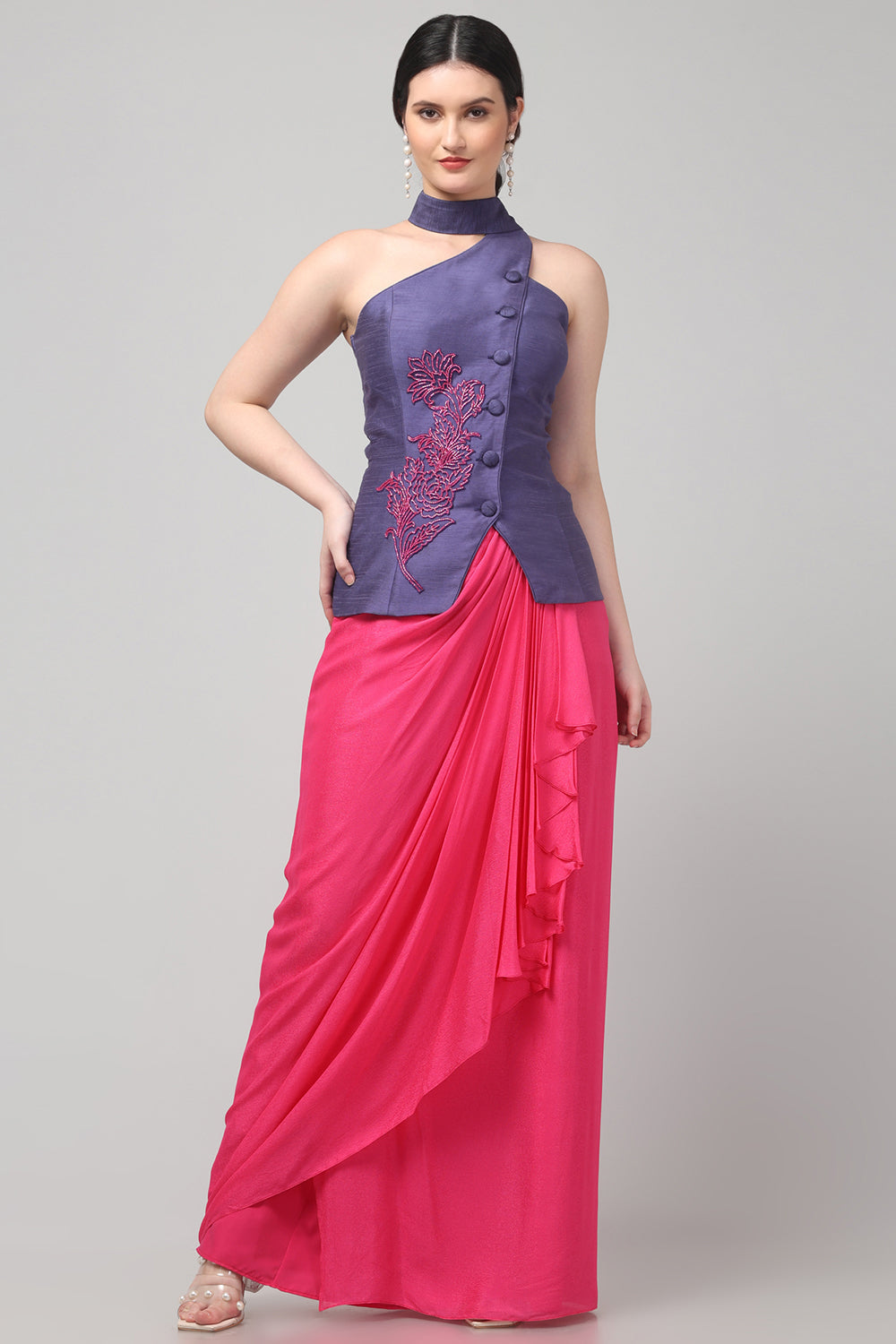 Royal Purple Embroidered Asymmetric Top with Draped Fuscia Pink Skirt