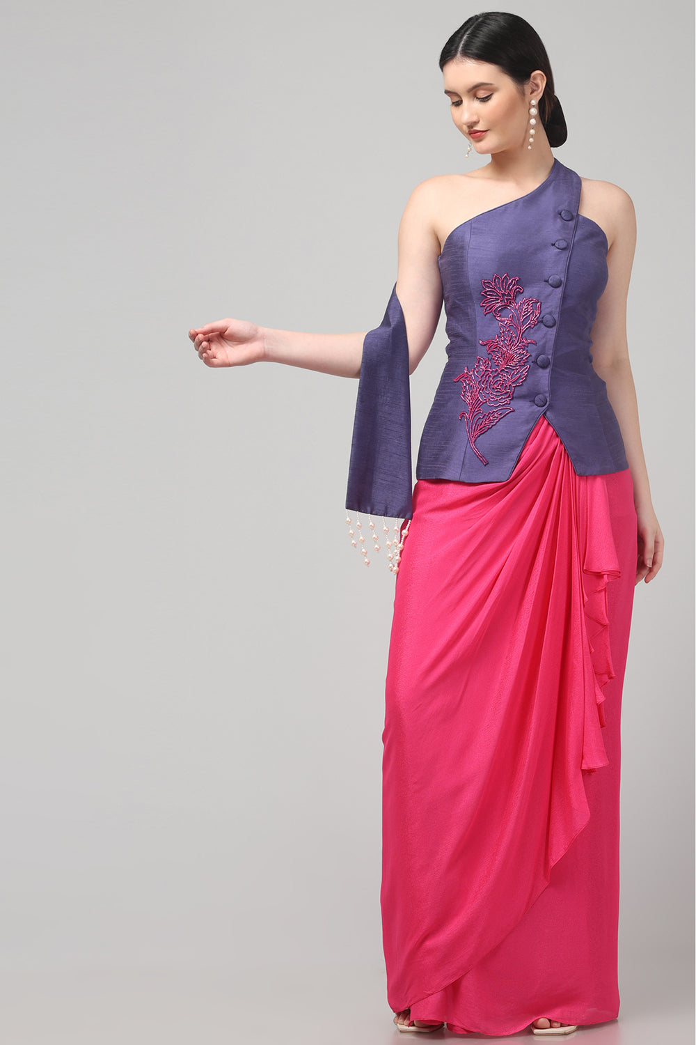 Royal Purple Embroidered Asymmetric Top with Draped Fuscia Pink Skirt