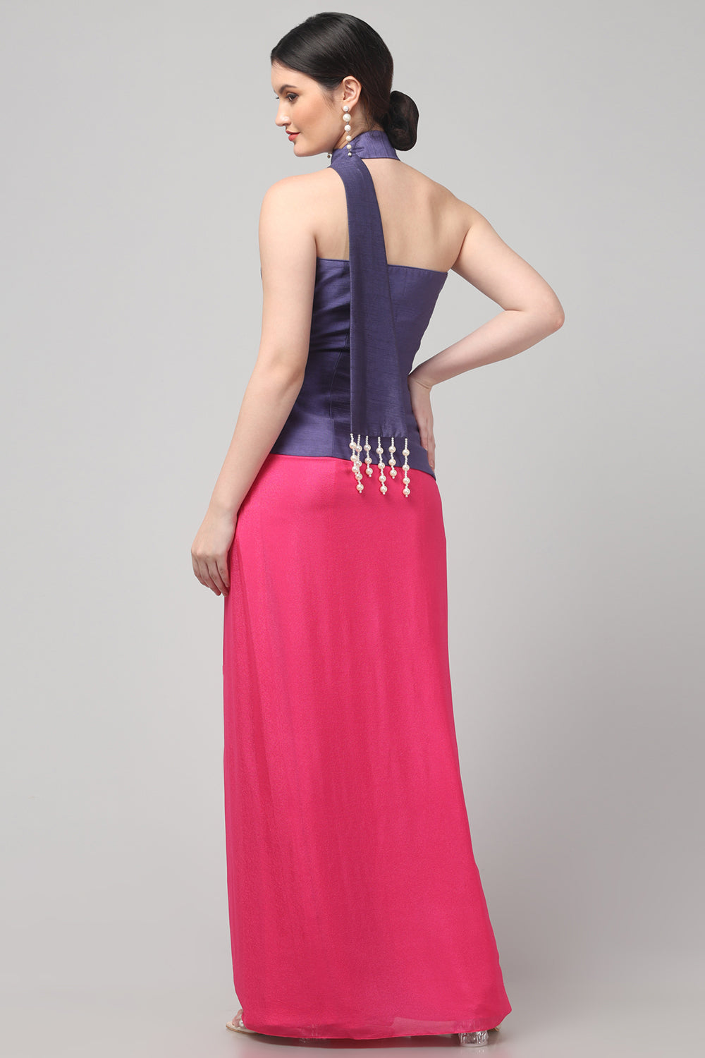 Royal Purple Embroidered Asymmetric Top with Draped Fuscia Pink Skirt