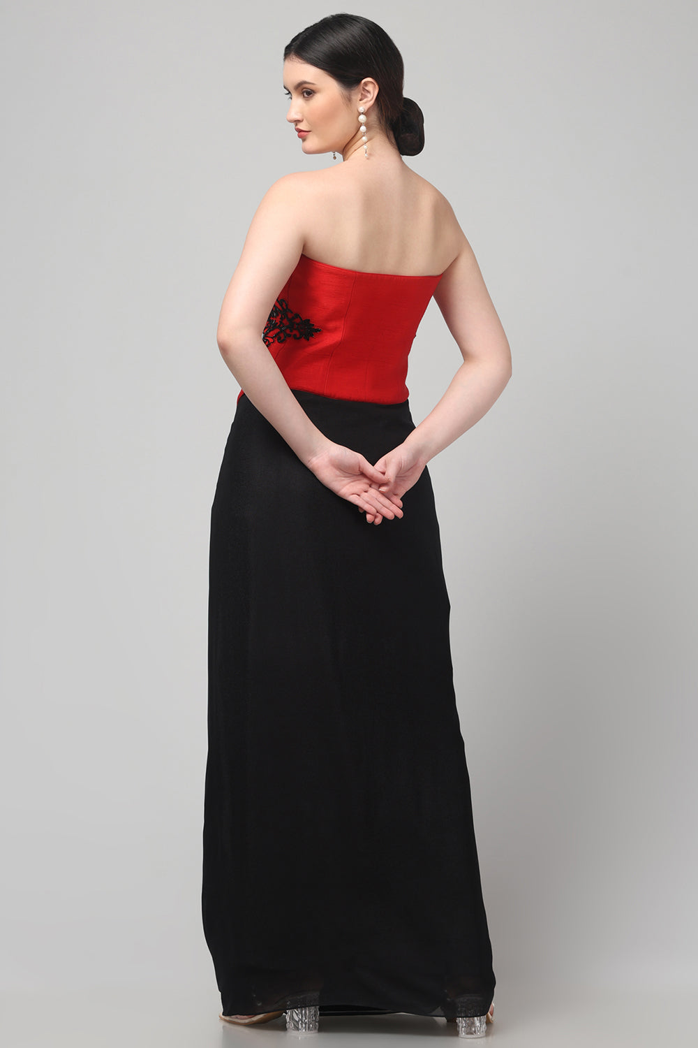 Red Embroidered  Top with Draped Black Skirt