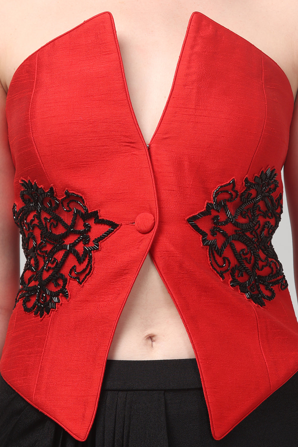 Red Embroidered  Top with Draped Black Skirt