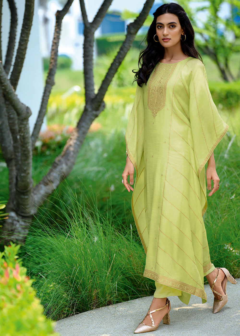 Light Green Viscose Woven Kaftan Set with Hand Work