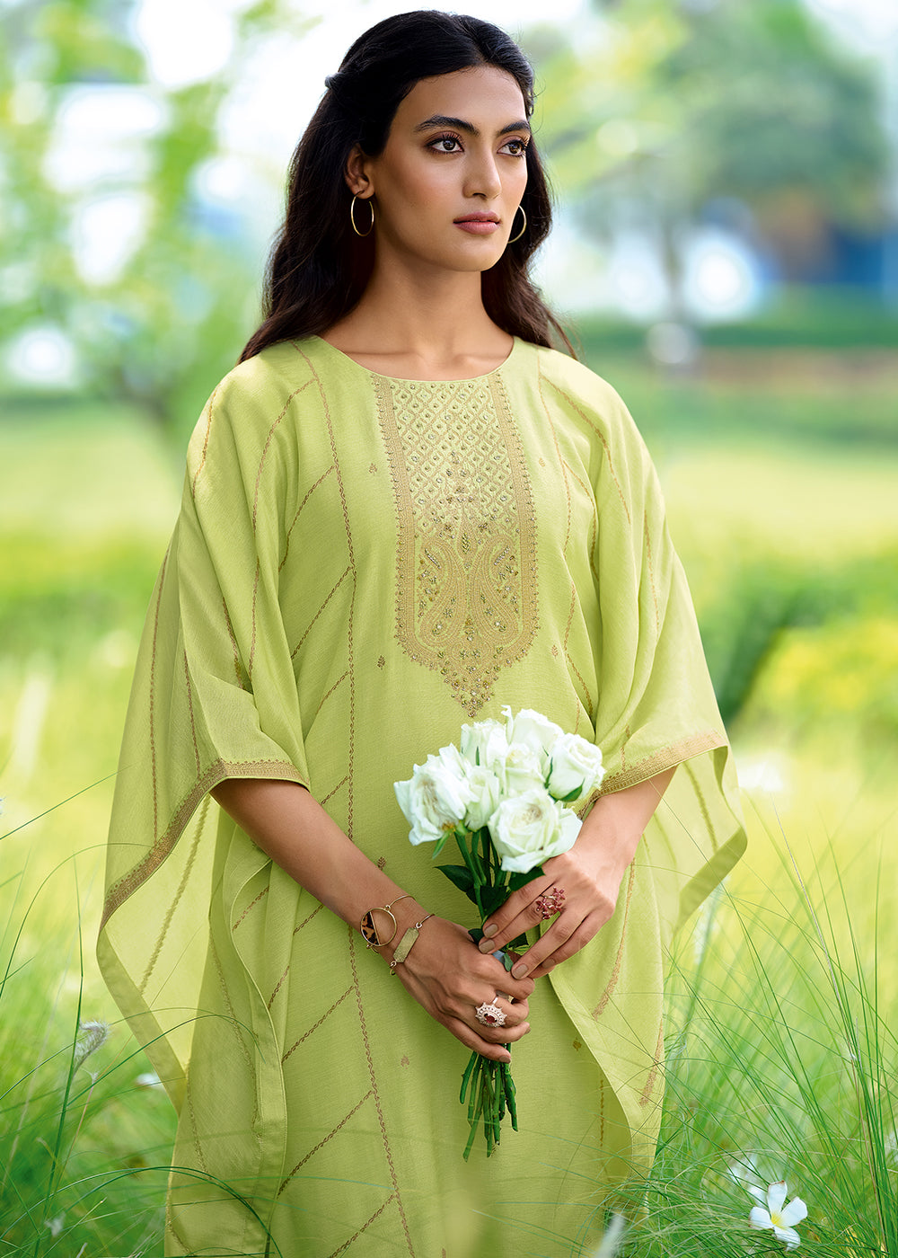 Light Green Viscose Woven Kaftan Set with Hand Work By Qivii