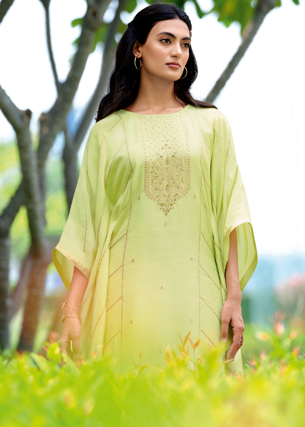 Light Green Viscose Woven Kaftan Set with Hand Work