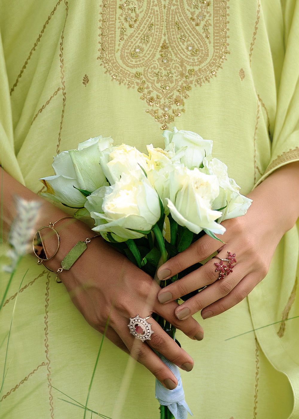 Light Green Viscose Woven Kaftan Set with Hand Work