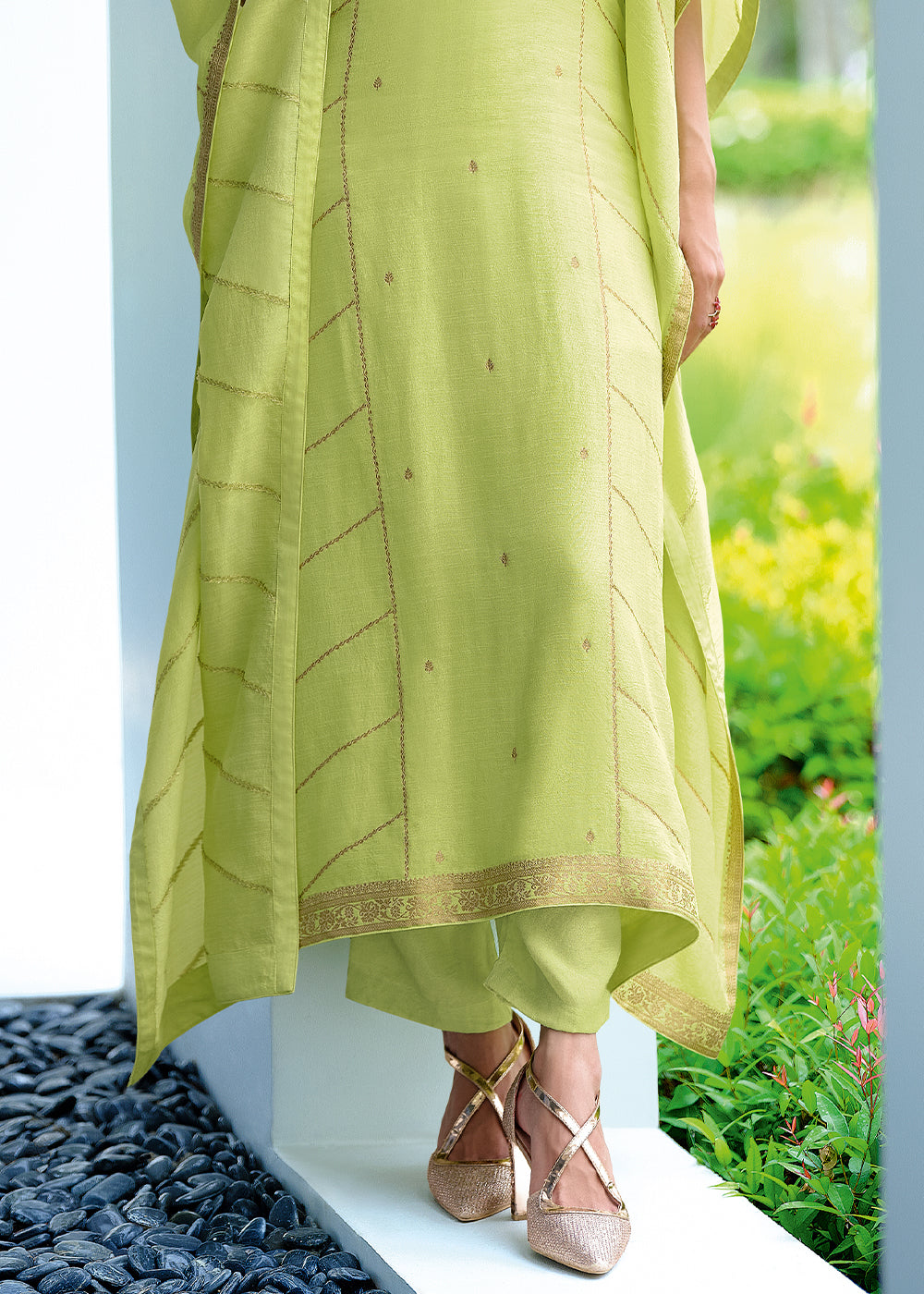 Light Green Viscose Woven Kaftan Set with Hand Work By Qivii