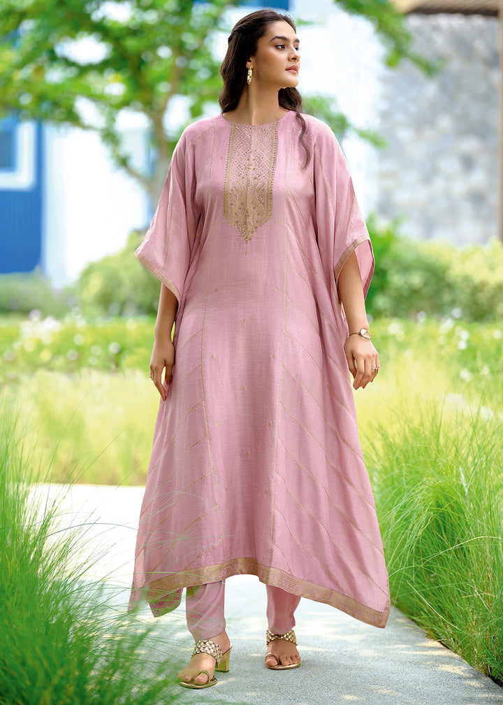 Flamingo Pink Viscose Woven Kaftan Set with Hand Work By Qivii