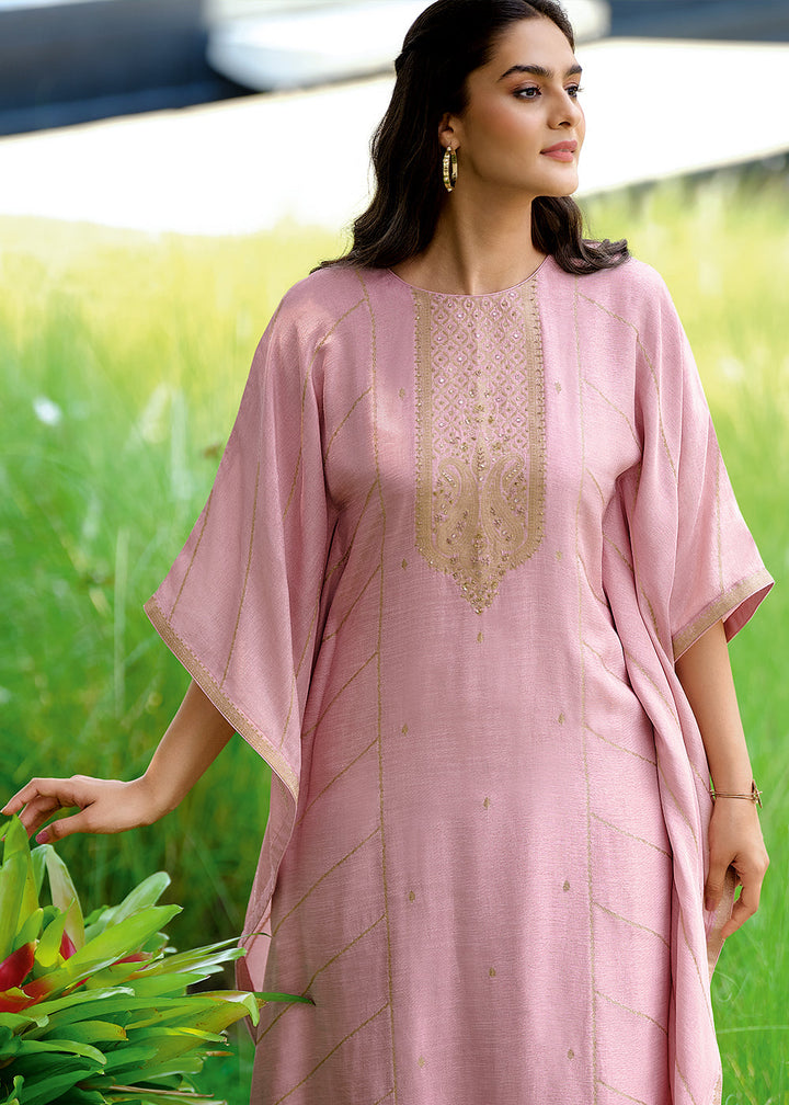 Flamingo Pink Viscose Woven Kaftan Set with Hand Work By Qivii