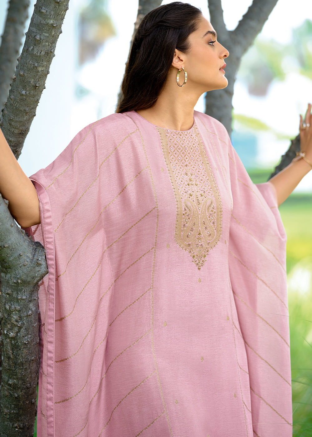 Flamingo Pink Viscose Woven Kaftan Set with Hand Work By Qivii