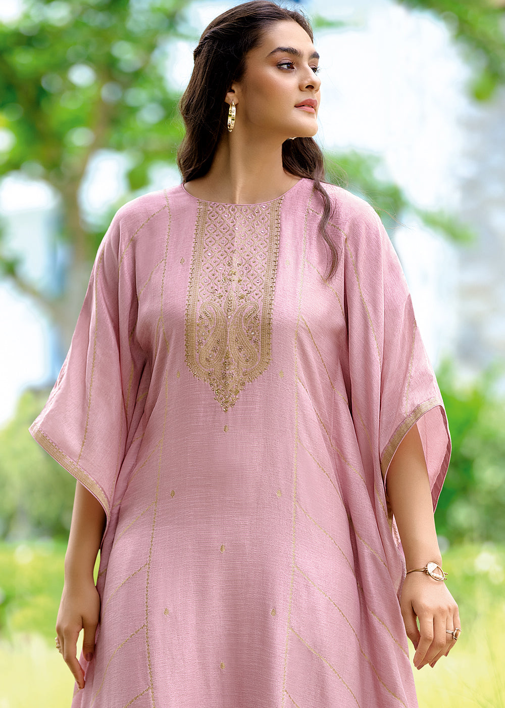 Flamingo Pink Viscose Woven Kaftan Set with Hand Work By Qivii