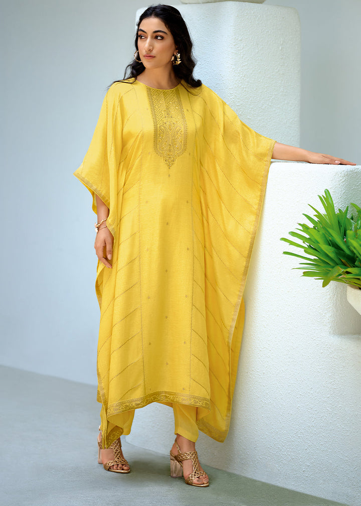 Aureolin Yellow Viscose Woven Kaftan Set with Hand Work By Qivii