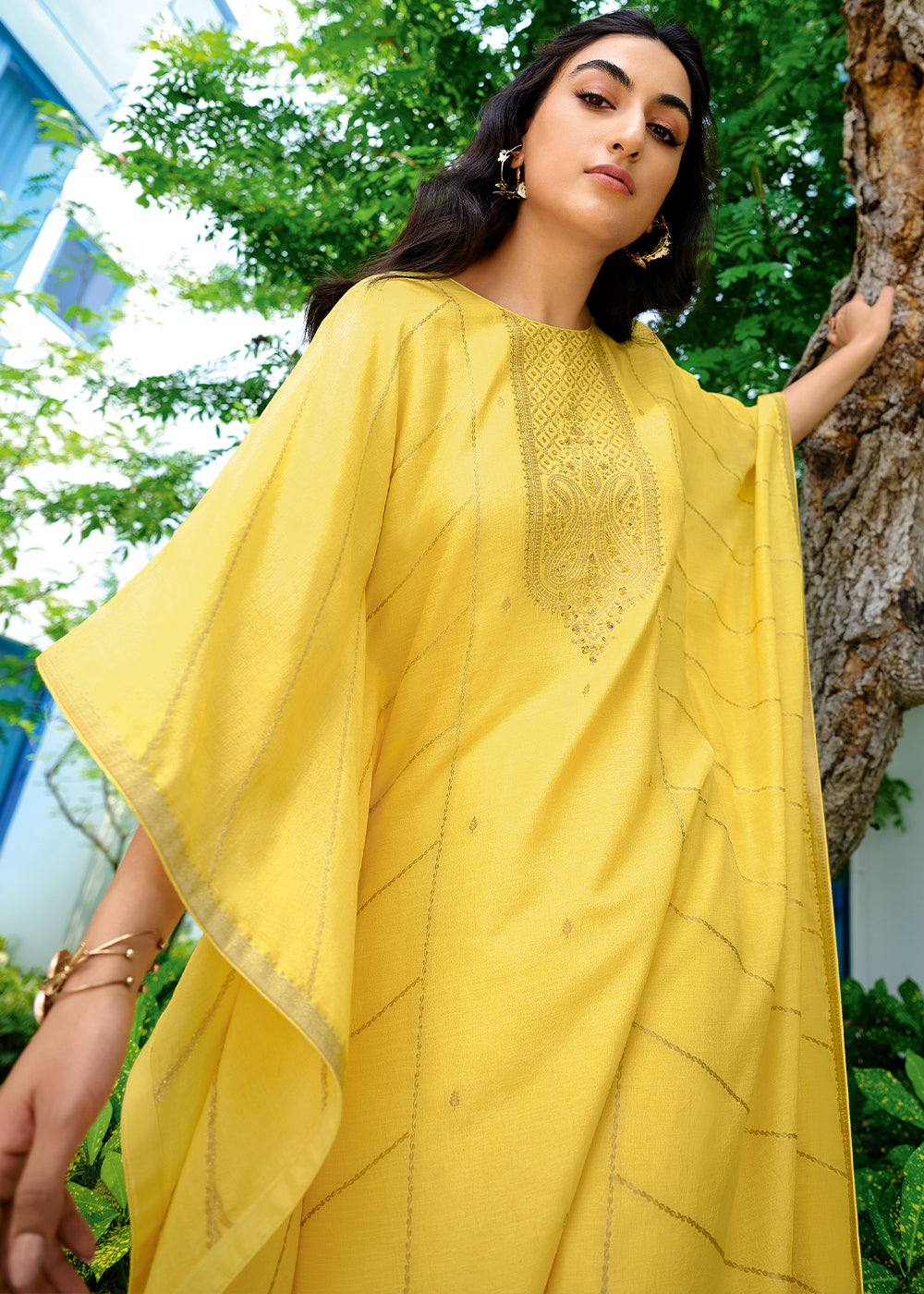 Aureolin Yellow Viscose Woven Kaftan Set with Hand Work By Qivii