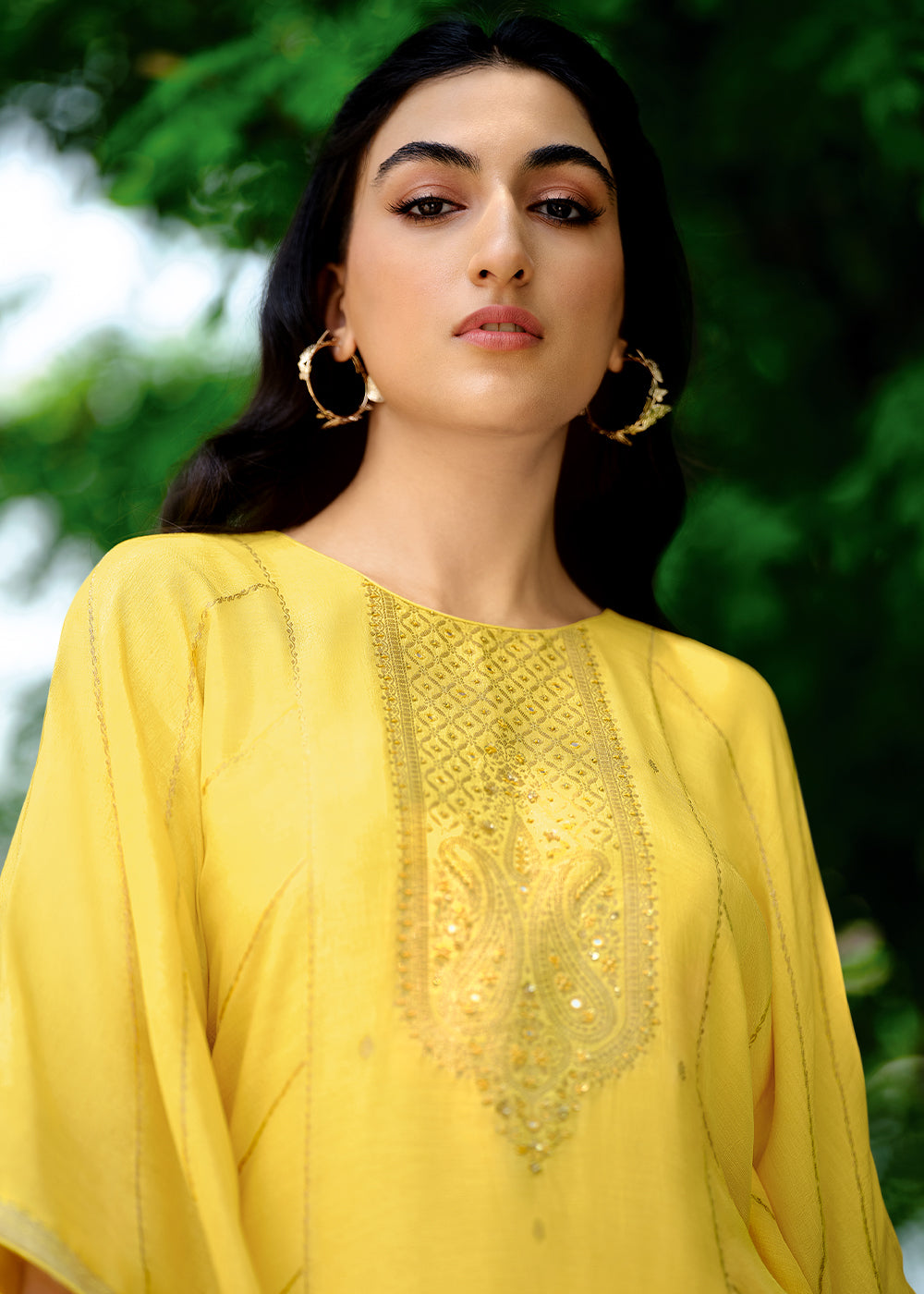 Aureolin Yellow Viscose Woven Kaftan Set with Hand Work By Qivii