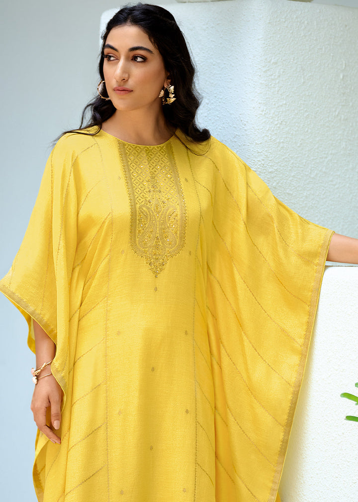 Aureolin Yellow Viscose Woven Kaftan Set with Hand Work By Qivii