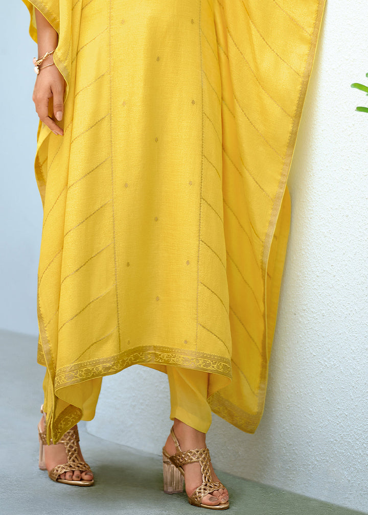 Aureolin Yellow Viscose Woven Kaftan Set with Hand Work By Qivii