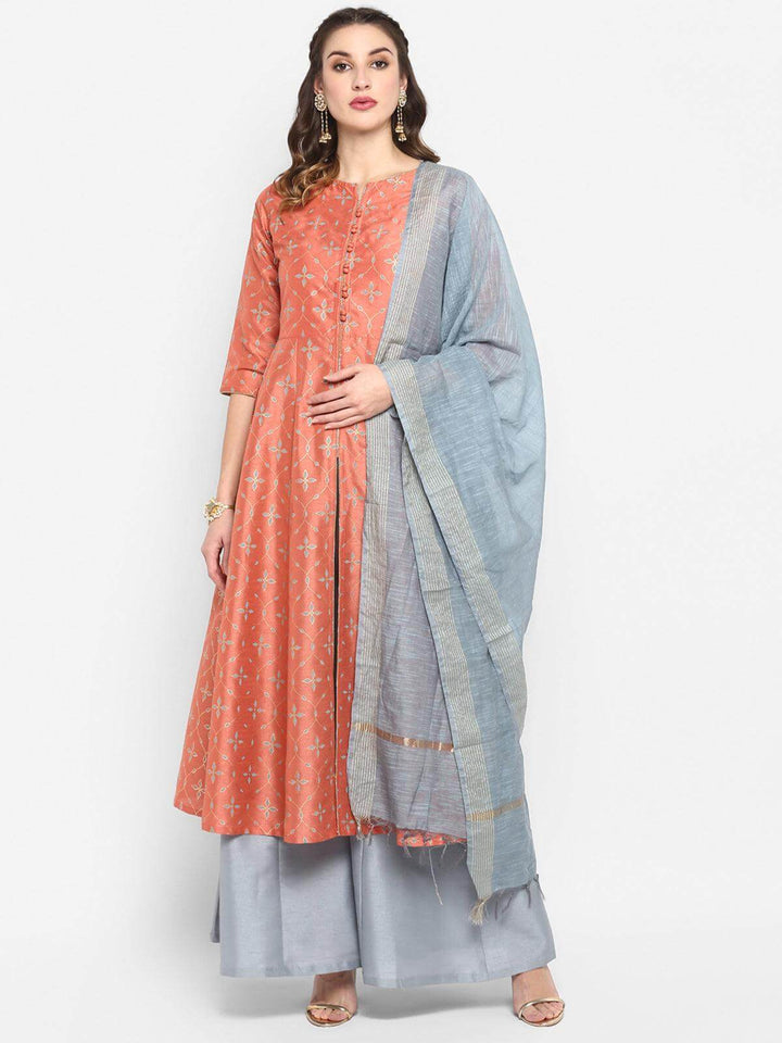 Peach Poly Silk Kurta Palazzo Set  - By Janasya