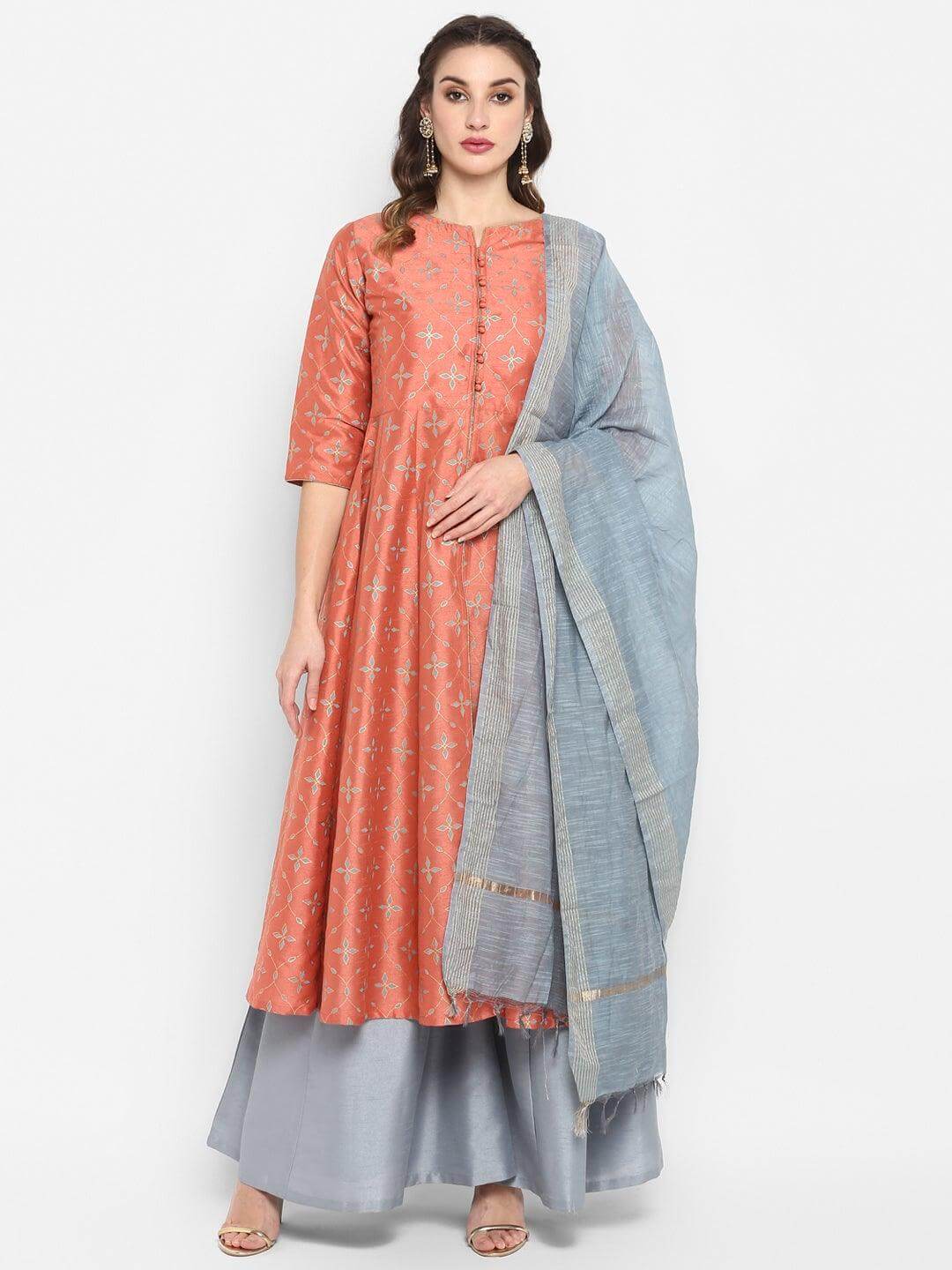 Peach Poly Silk Kurta Palazzo Set  - By Janasya