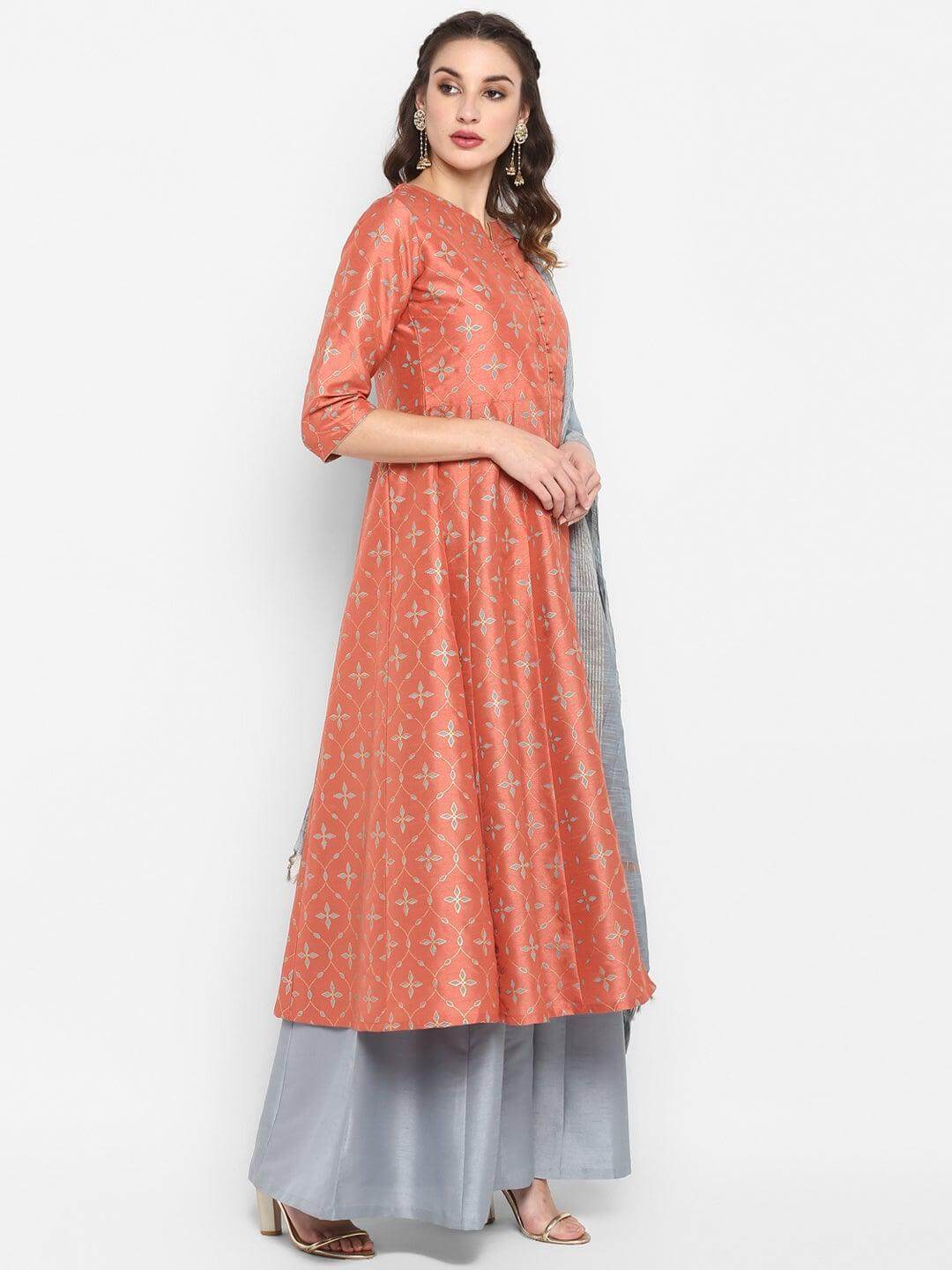 Peach Poly Silk Kurta Palazzo Set  - By Janasya