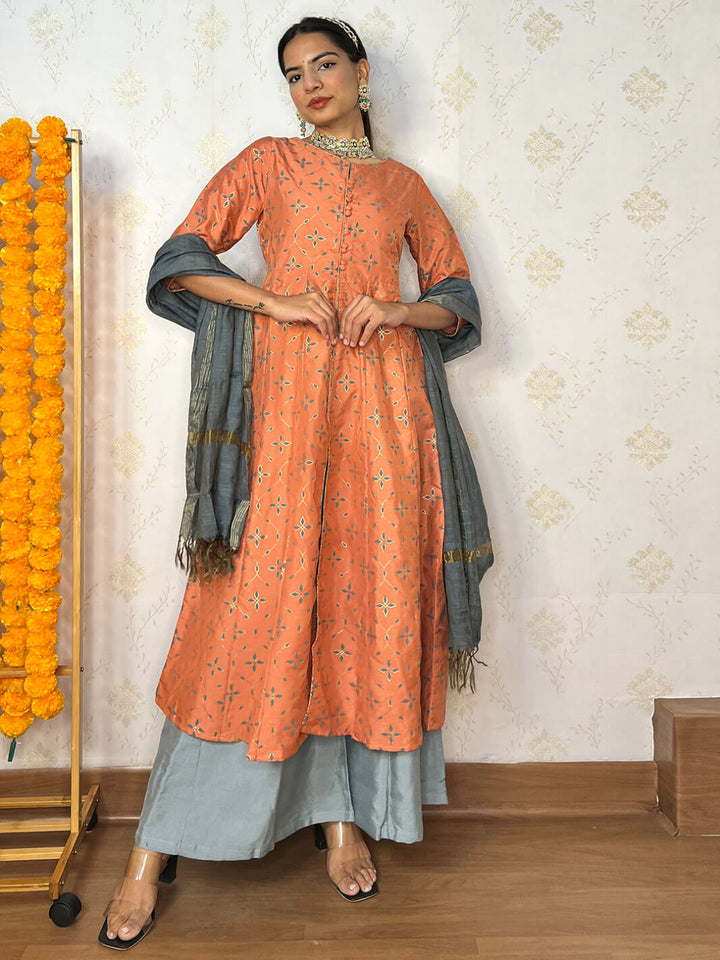 Peach Poly Silk Kurta Palazzo Set  - By Janasya