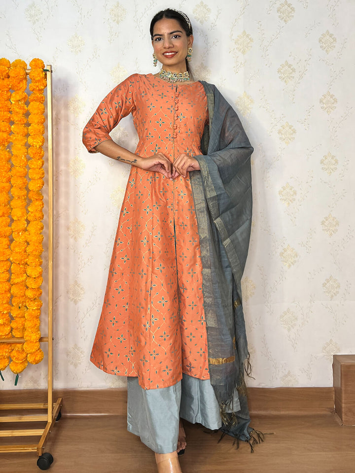 Peach Poly Silk Kurta Palazzo Set  - By Janasya