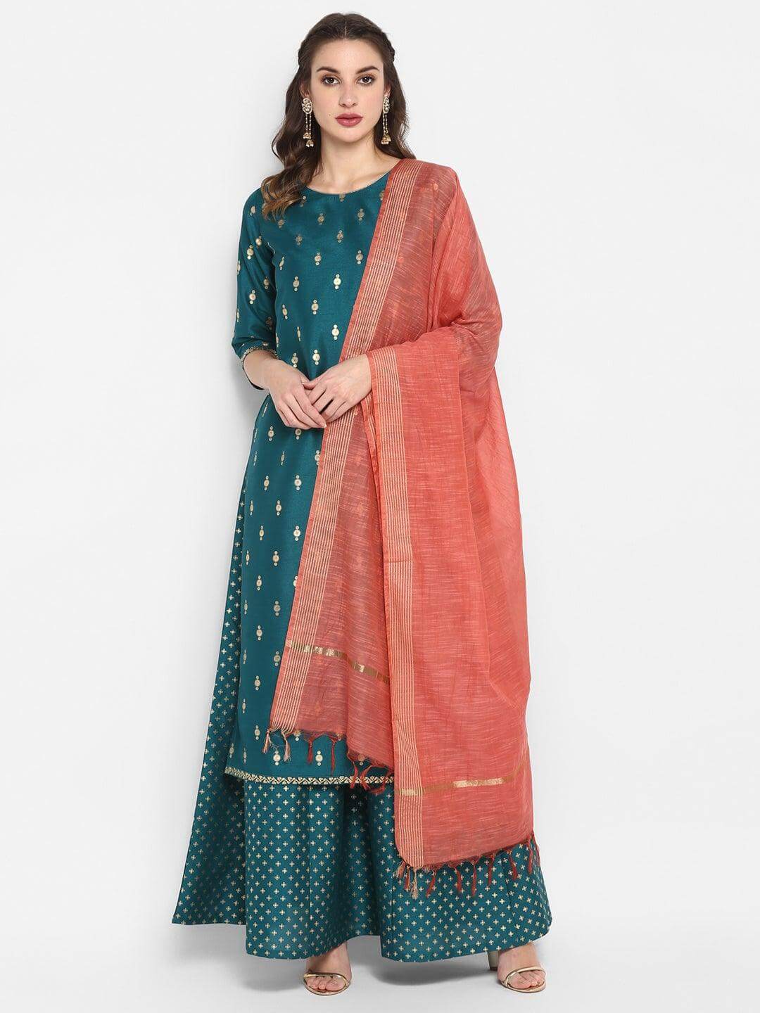 Teal Poly Silk Gold Print Kurta Palazzo Set  - By Janasya