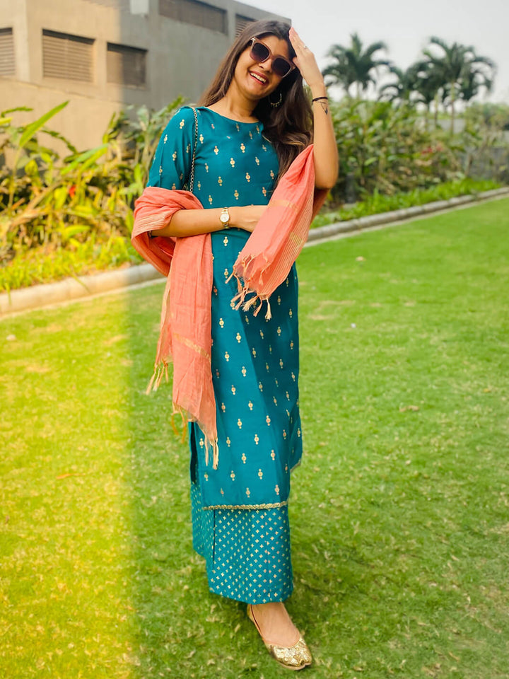 Teal Poly Silk Gold Print Kurta Palazzo Set  - By Janasya