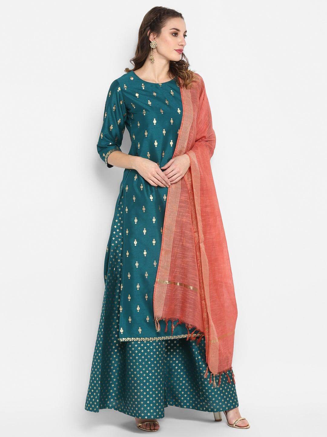 Teal Poly Silk Gold Print Kurta Palazzo Set  - By Janasya